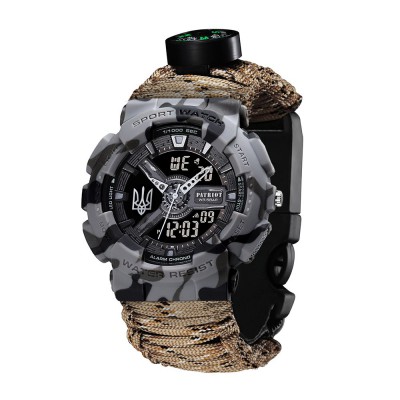 Часы наручные Patriot 005 Трезубец серебро Серый камуфляж Паракордовый ремешок Desert Camo + Короб