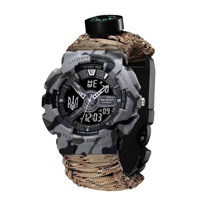Часы наручные Patriot 005 Трезубец серебро Серый камуфляж Паракордовый ремешок Desert Camo + Короб