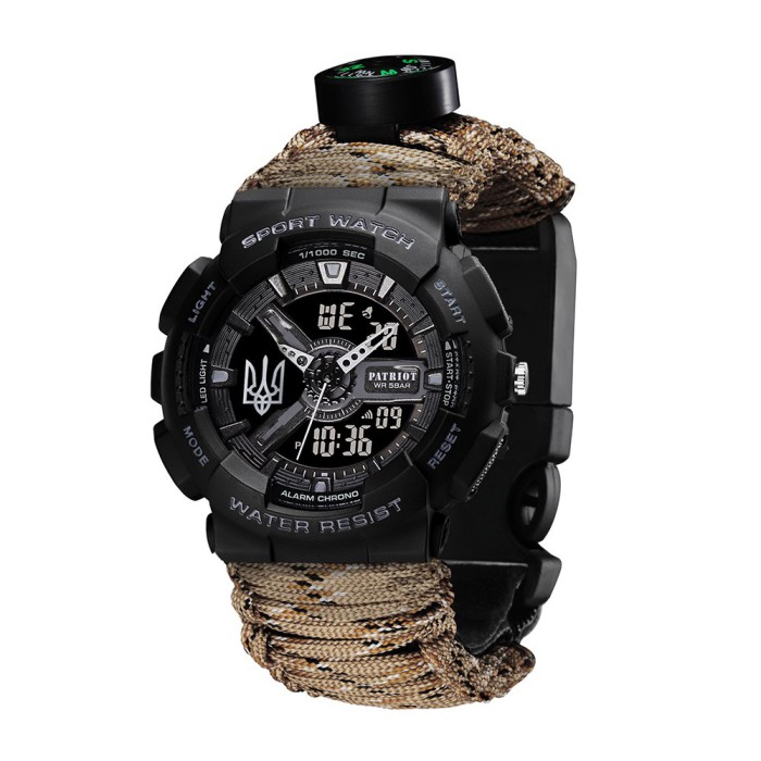 Часы наручные Patriot 005 Трезубец серебро Черный Паракордовый ремешок Desert Camo + Коробка