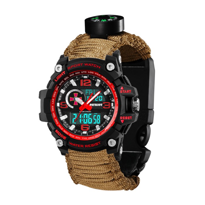 Часы наручные Patriot 012BKRDSU ВСУ Черные с красным Паракордовый ремешок Khaki + Коробка