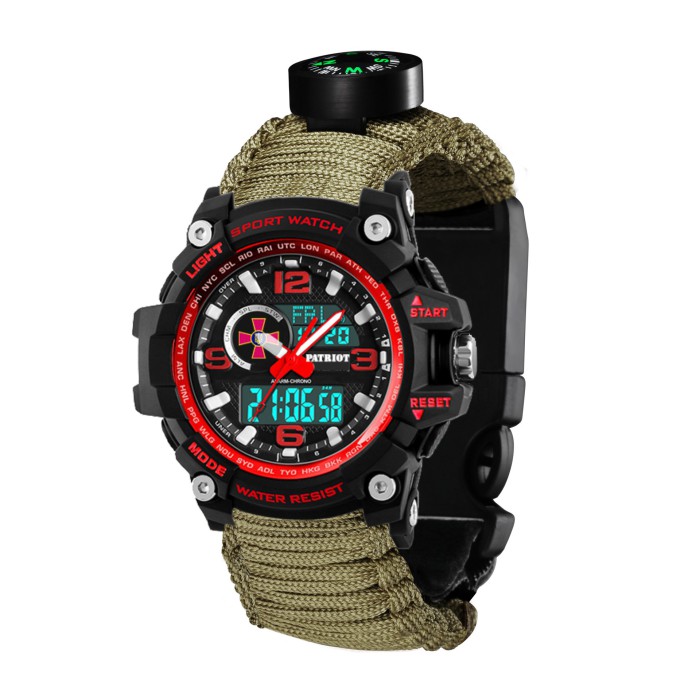 Часы наручные Patriot 012BKRDSU ВСУ Черные с красным Паракордовый ремешок Army Green + Коробка