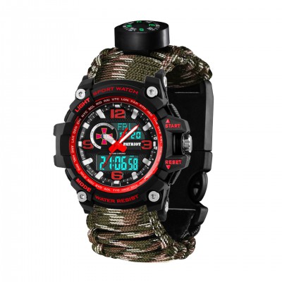 Часы наручные Patriot 012BKRDSU ВСУ Черные с красным Паракордовый ремешок Camo Green + Коробка