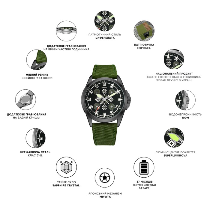 Awarder Embroidery Silver-Green Khaki Battery 10ATM