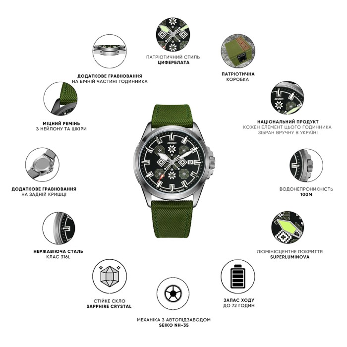 Awarder Embroidery Silver-Army Green Green Automatic 10ATM
